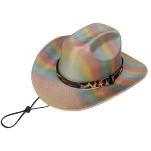 Close-up of holographic metallic cowboy hat with leopard print band and chin strap
