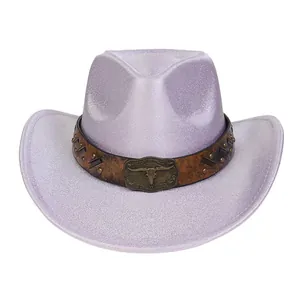 Glitter Pearlescent Laser Western Cowboy Hat With Bull Head Buckle Rivet Strap Polyester Sun Protection Fedora Hat