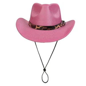 Sparkly bright pink western cowboy hat with leopard print band and adjustable chin strap