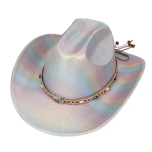 Detailed holographic cowboy hat featuring metallic chain trim and turquoise bead accents