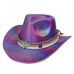 Detail of holographic cowboy hat with metal star badge and turquoise rivet decor