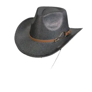 Sparkly dark grey western cowboy hat with brown leather band and gold buckle detail