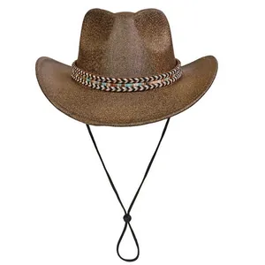 Classic dark brown western cowboy hat with ethnic style woven band and adjustable chin strap