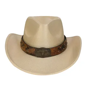 Classic Western beige cowboy hat with brown leather band and metallic longhorn emblem