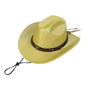 Macro detail of golden glitter cowboy hat with bull head ornament and metal rivets