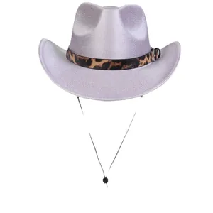 Sparkly lavender cowboy hat with leopard band and adjustable wind strap for women