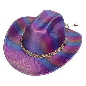 Detail of colorful gradient cowboy hat with ethnic beaded band and metallic finish