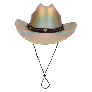 Iridescent western cowboy hat with metal bull skull and studded leather band