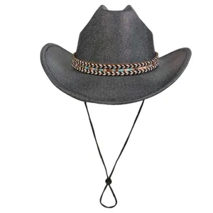 Dark grey western cowboy hat with bohemian braided band and adjustable chin strap