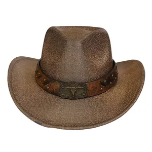 Classic bronze western cowboy hat with woven texture and vintage bull skull leather band