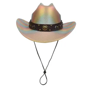 Metallic holographic disco cowboy hat with rainbow laser effect and leather band strap