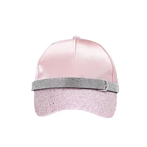 Pink satin baseball cap with sparkling sequins, rhinestones and metal buckle detail