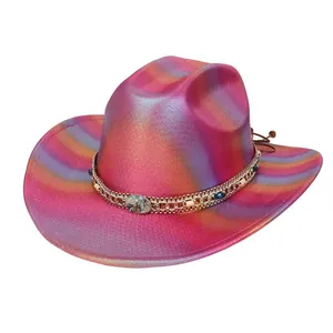 Close-up of rainbow sequin cowboy hat with colorful metallic beads and gold chain band