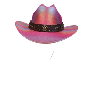Pink and purple gradient western cowboy hat with metallic luster and studded leather band