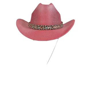 Pink straw western cowboy hat with colorful geometric woven band and chin strap