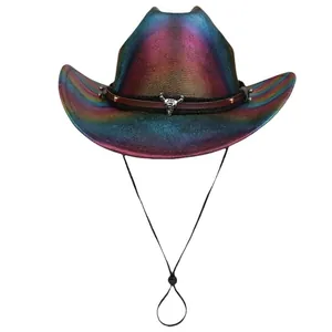 Iridescent disco cowboy hat with a metallic bull skull emblem and adjustable drawstring