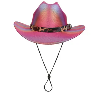 Pink holographic cowboy hat with leopard print band and adjustable chin strap