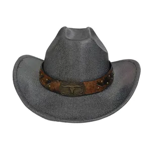 Classic grey western cowboy hat with brown studded leather band and bull head ornament