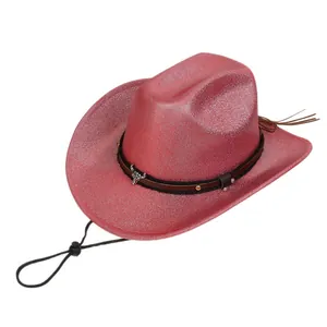 Close-up of red glitter cowboy hat featuring silver bull head buckle and leather band