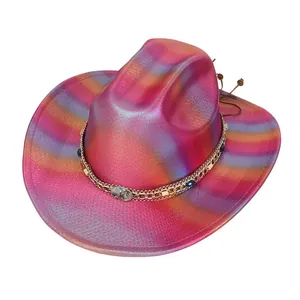 Detailed view of iridescent western cowboy hat with gold chain and oval shell buckle