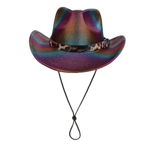 Rainbow holographic western cowboy hat with leopard print band and adjustable chin strap