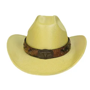 Sparkly neon yellow western cowboy hat with leather band and bull skull emblem