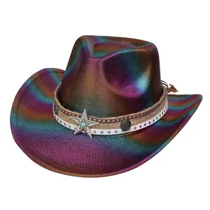 Macro detail of holographic cowboy hat with star emblem and metallic rivets
