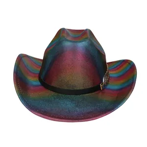 Cappello da cowboy arcobaleno metallizzato a tesa larga con fascia nera decorativa