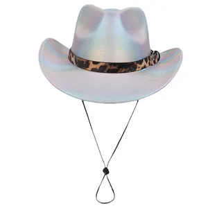 Iridescent silver-purple western cowboy hat with leopard print band and chin strap
