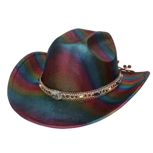 Detail view of metallic iridescent cowboy hat with decorative chain and bead trim band