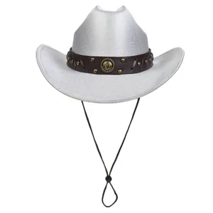 Cappello da cowboy glitter argento con fascia in pelle marrone ed emblema di cavallo