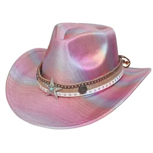 Detail of holographic pink cowboy hat with silver star studs and metallic texture