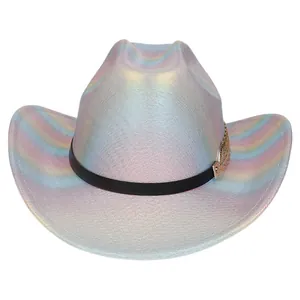 Cappello da cowboy olografico con sfumatura arcobaleno e fibbia in piuma dorata