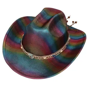 Close-up of rainbow gradient western cowboy hat with sequin finish and beaded chain band