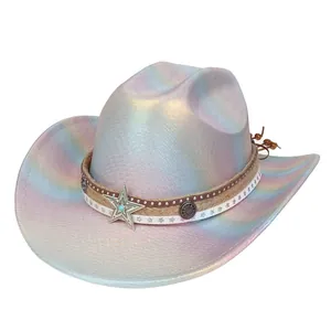 Detail of laser cowboy hat featuring iridescent finish and silver star emblem with studs