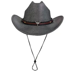 Silver-grey Western cowboy hat with silver bull head metal piece and leather band