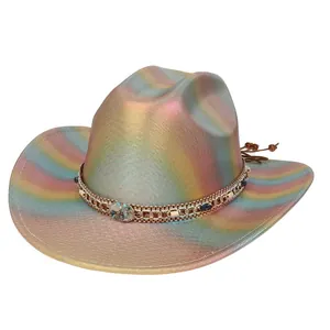Detailed macro of a metallic rainbow cowboy hat with gold chain and beaded accent