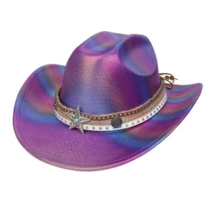 Detail of metallic purple cowboy hat with silver star emblem and studded decorative band