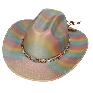 Macro detail of iridescent laser coated cowboy hat with golden chain and bead accents