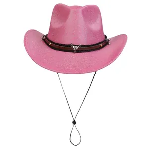 Pink glitter western cowboy hat with silver bull head charm and brown leather band