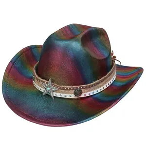 Close-up of rainbow cowboy hat with metal star ornament and turquoise stud detail