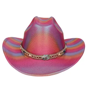 Iridescent Holographic Western Cowboy Hat For Women Men Metallic Sequin Party Hat With Metal Chain Beads Shell Decoration