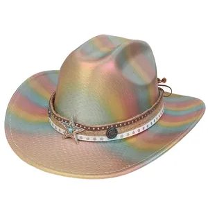 Close-up of holographic cowboy hat with silver star badge and woven decorative band
