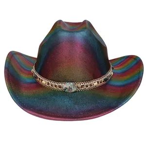 Rainbow gradient western cowboy hat with iridescent metallic finish and gold chain band