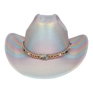 Holographic iridescent cowboy hat with bohemian beaded band and metallic finish