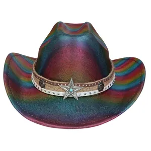 Iridescent Metallic Polyester Western Cowboy Hat With Star Decor Rivets Performance Jazz Knight Hat For Women Men Party