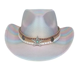 Holographic pink cowboy hat with a metallic star ornament and turquoise bead accent