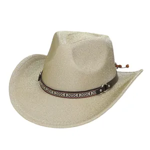 Close-up of champagne gold glitter cowboy hat with woven ethnic band and metal buckle
