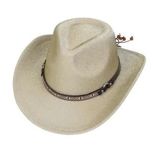 Detail of glitter cowboy hat featuring metallic studs, braided band and tassel charms