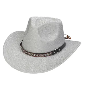 Detail of silver sequin cowboy hat with ethnic style ribbon and metallic ring buckle